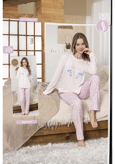 Kadın Çiçek Desen Süprem Pijama Takımı 0329 Pembe Pembe