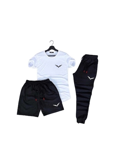 Fifty Color Kanat Baskılı Slim Fit Unisex Tişört Şort Kombin 3'lü Siyah - Beyaz