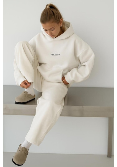 Benroma 3 İplik Penye Peteet Studıos Baskılı Unisex Kapüşonlu Sweat Beyaz