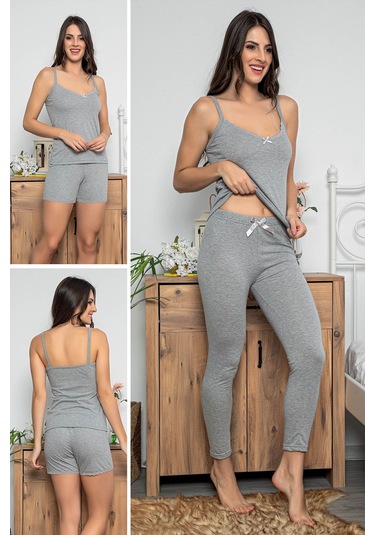 Kadın Gri Renkli Şortlu Ve Taytlı Pijama Takımı 3'lü Set 75009 Gri