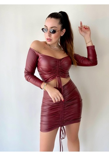 Munn Collection Kadın Büzgülü Deri Etek Takım Fırsat Ürün Bordo