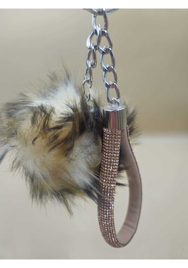 Camel Taşlı Tilki Tüyü Leopar Desenli Angel Anahtarlık