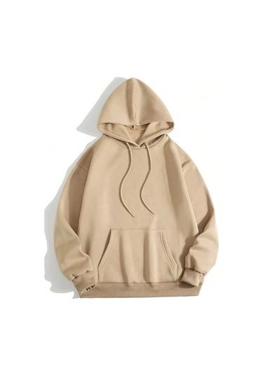 Erkek Düz Kapüşonlu Sweat - Bej Bej
