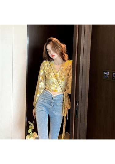 Sarı Çiçek Şifon Bluz Kadın Bahar Elbise Fransız Dantel Up Kısa Fırfır Yumuşak Rüzgar Süper Peri Üst M Sarı