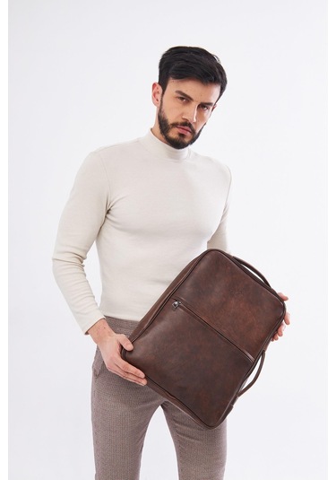 Derinss Dub3050 Hakiki Deri Kahverengi Organizerli Laptop Sırt Çantası 001