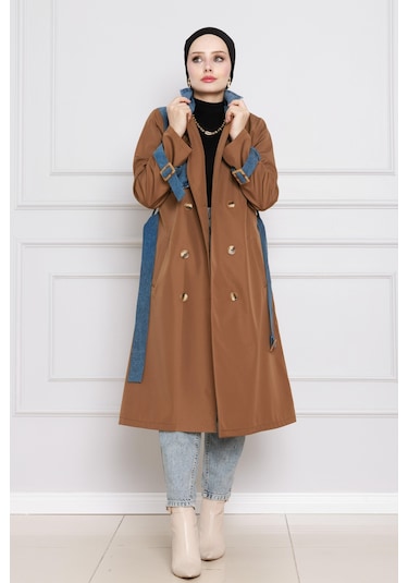 Sevitli Kot Detaylı Trençkot-taba-4395 Taba