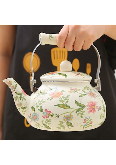 Emaye İndüksiyonlu Su Isıtıcısı 2,4 L Emaye Sürahi Vintage Çaydanlık, Seramik Sap, İndüksiyonlu Ocak, Gaz, Odun Sobası Diğer