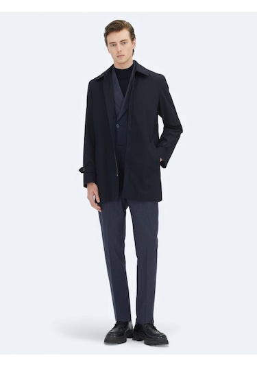 Kip Lacivert Regular Fit Bebe Yaka Casual Dokuma Pardesü