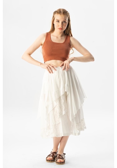 Salkım Vual Dantelli Saçaklı Uzun Yazlık Otantik Etek Krem Krm-krem Krem