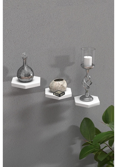 Duvar Rafı Dekoratif 3 Adet Çiçeklik Altıgen Beyaz