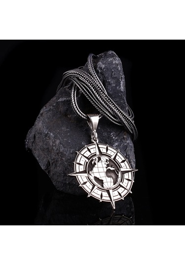 Dünya Haritası İşlemeli 925 Ayar Gümüş Kolye