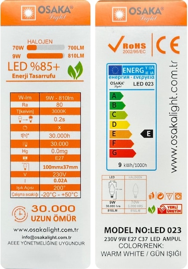2 Adet Osaka 9w 70w Sarı Işık 3000k E27 Duylu Kalın Duy Led Mum Ampul