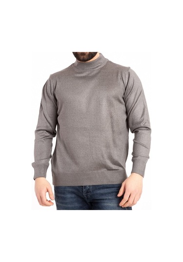 Nacar Store Erkek Ince Yün Yarım Boğazlı Triko Kazak Koyu Gri