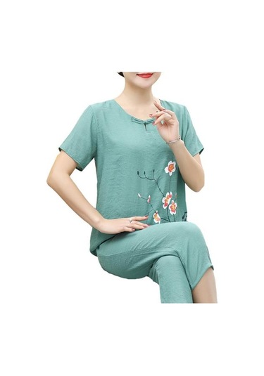 Koyu Yeşil Trendy Kadın Üst Pantolon Takımı O Yaka Orta Bel Hızlı Kuru Koyu Yeşil