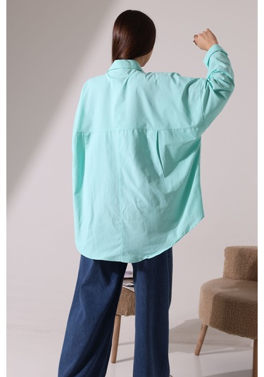 Yeni Sezon Poplin Kumaş Çift Cepli Oversize Pamuklu Kadın Tunik Gömlek Turkuaz