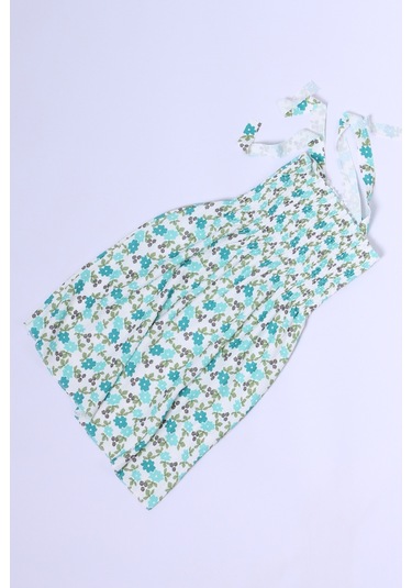 Kız Çocuk Askılı Elbise Çiçek Desenli B35 Hcm00119 Yeşil - Beyaz