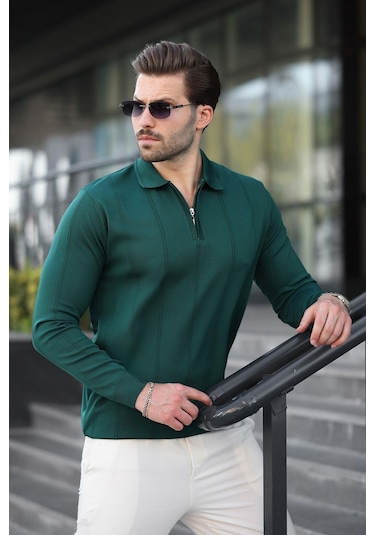 Nefti Yeşili Polo Yaka Fermuarlı Erkek Kazak E7427 Nefti Yeşil