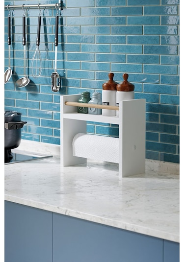 Rulo Havlu Takılabilir Baharatlık Standı Tezgah Üstü Düzenleyici Ahşap Raf - Beyaz
