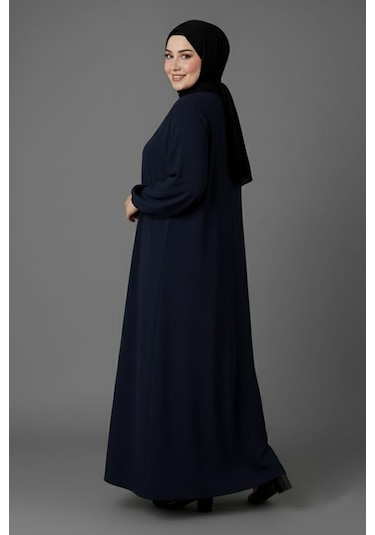 Medine İpeği Mevlana Kesim Cepli Kuşaklı Bol Büyük Beden Ferace Lacivert