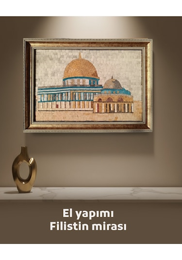 Sanatsal Mozaik Taş Paneli Kubbet-üs-sahra Altın Çerçeve P00050