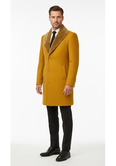 Plus Scorpion Erkek Uzun Kaşe Kaban Çıkartılabilir Kürk Yaka, Astarlı Ve Cepli Slim Fit Mont Hardal Sarısı