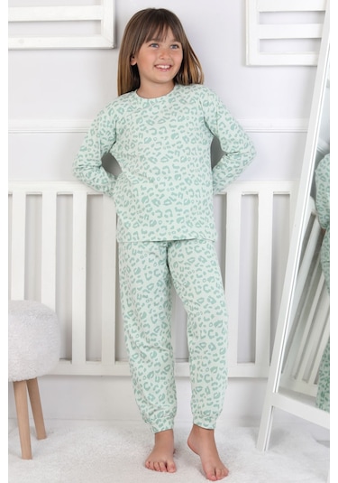 Minik Uyku Avcısı - Vahşi Rahatlık Serisi Leopar Desenli Kız Çocuk Pijama Takımı Mint