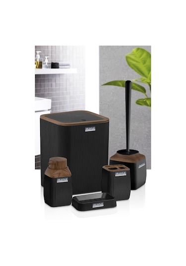 Okyanus Home Ahşap Desenli Çizgili 5'Li Banyo Seti - Siyah