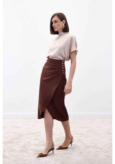 Sateen Düğme Detaylı Kalem Etek - Kahve-136775 Kahve