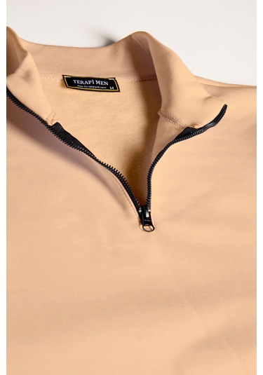 Erkek Krem Yarım Fermuarlı Basic Düz Sweatshirt Krem