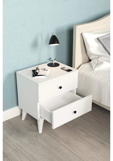 Komidin 2 Çekmeceli Beyaz Siyah Düğme Kulplu Konik Ayaklı Kurulu