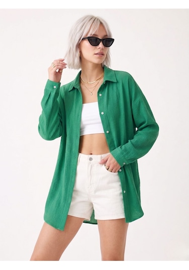 Know Kadın Yeşil Oversize Krinkıl Kumaş Gömlek