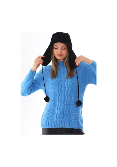 Kadın Siyah Kürklü Kulaklıklı Peluş Şapka Siyah