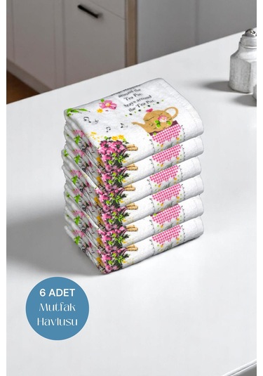 6lı Paket Baskılı Beyaz Mutfak Havlusu Modeli Çok Renkli