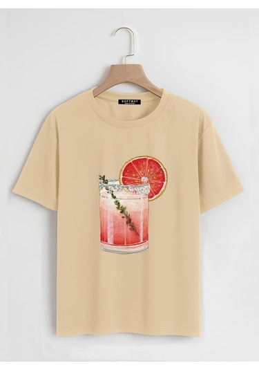 Unisex Oversize Bisiklet Yaka Orange Cocktail Baskılı Basic T-shirt - Bej Bej