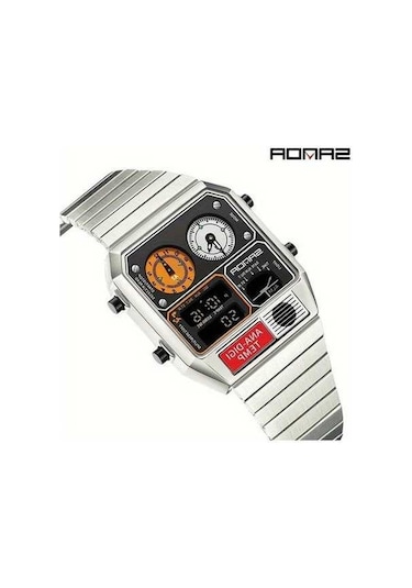 Fastbuy Gümüş Siyah A Erkek Digital Kol Saati - Kare Paslanmaz Çelik Bant Dual Ekran Altın Renk Altın