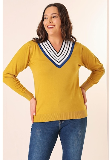 Şeritli V Yaka Büyük Beden Triko Kazak-35348-hardal Hardal