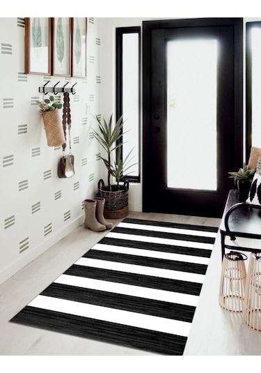 Siyah - Beyaz, Organik Pamuk Dokuma Tabanlı, Yıkanabilir, Yolluk, Mutfak, Antre Halısı Arylk2058