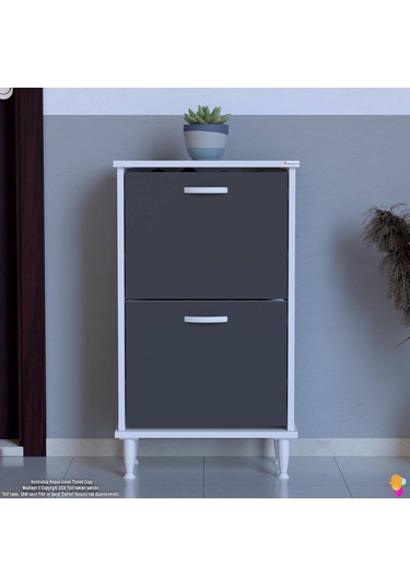 Modilayn Umay Kapı Önü 52x 90x 26 Cm Lik 2 Düşer Kapak 4 Göz Bölmeli Ayakkabılık Antrasit - Beyaz