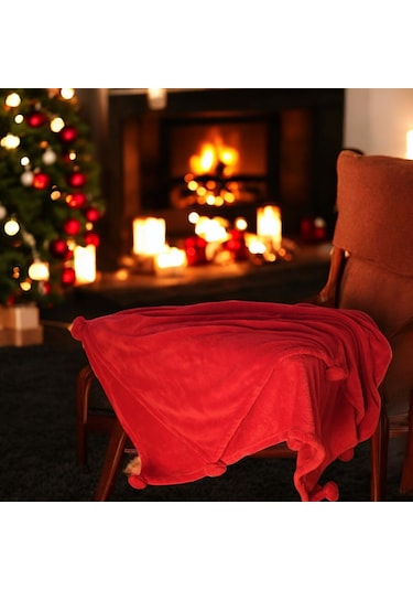 Ponponlu Battaniye 120 170 Kırmızı