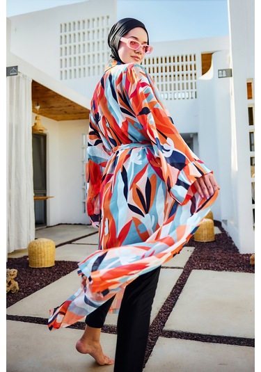 Remsa Tesettür Mayo Üzerine Tek Kaftan Kimono Pareo Turuncu Rp027 Lotus Turuncu