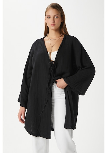 Ritnice Kadın Sandra %100 Pamuk Müslin Bağcıklı Siyah Kimono Siyah