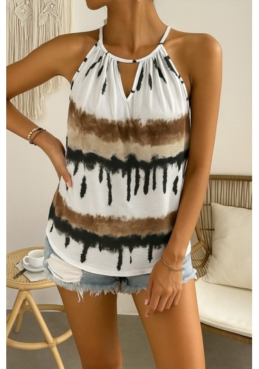 Leyla Sanat Sanata Yeni Bir Bakış Açısı Kadın Halter Kollu Damla Detaylı Desenli Süprem Bluz Yeşil