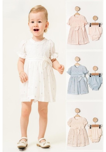 Kız Bebek Pudra Puantiye İşlemeli Kurdeleli Elbise Kilotlu Takım-1349 Pembe