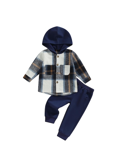 Lacivert Yürüyor Erkek Bebek Giysileri Uzun Kollu Ekose Hoodie Kazak + Eşofman Küçük Çocuk Sonbahar Kış Kıyafetler Set Tops Lacivert