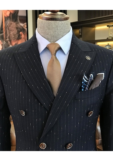 İtalyan stil slim fit çizgili kruvaze ceket pantolon takım elbise lacivert T9501-Lacivert