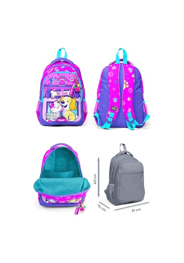 Coral High Kedi Köpek Desenli Kız Çocuk Okul Beslenme Kalemlik Ve Bel Çantası Seti - İlkokul İçin Uygun