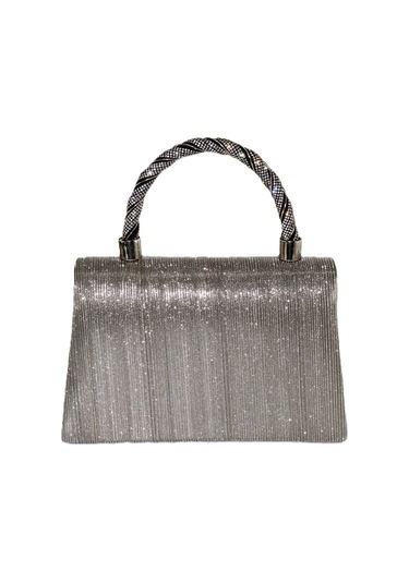Lazer Kumaş Platin Abiye Çanta Taşlı Kadın Abiye Çanta Abiye Çanta Metalik Gri El Düğün Çantası