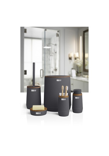 Okyanus Home Nida Antrasit Ahşap Desenli Eko 5'li Banyo Seti Antrasit