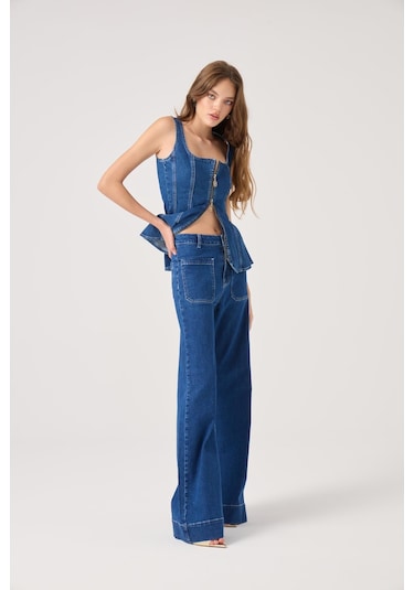 Holly Lolly Kontrast Dikişli Geniş Paça Tiara Jean Pantolon Mavi