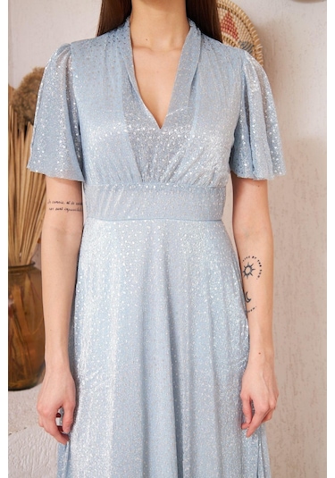 Darlin Moda Mavi Simli Tül Üzeri Gri Puantiyeli  Astarlı Abiye Elbise DM45948